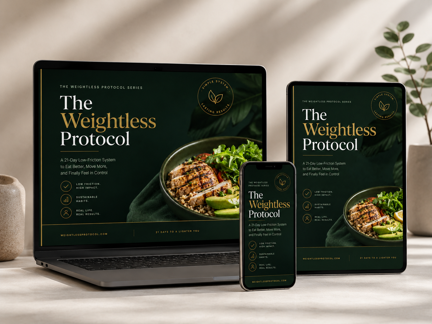 The Weightless Protocol shown on a laptop, tablet, and phone
