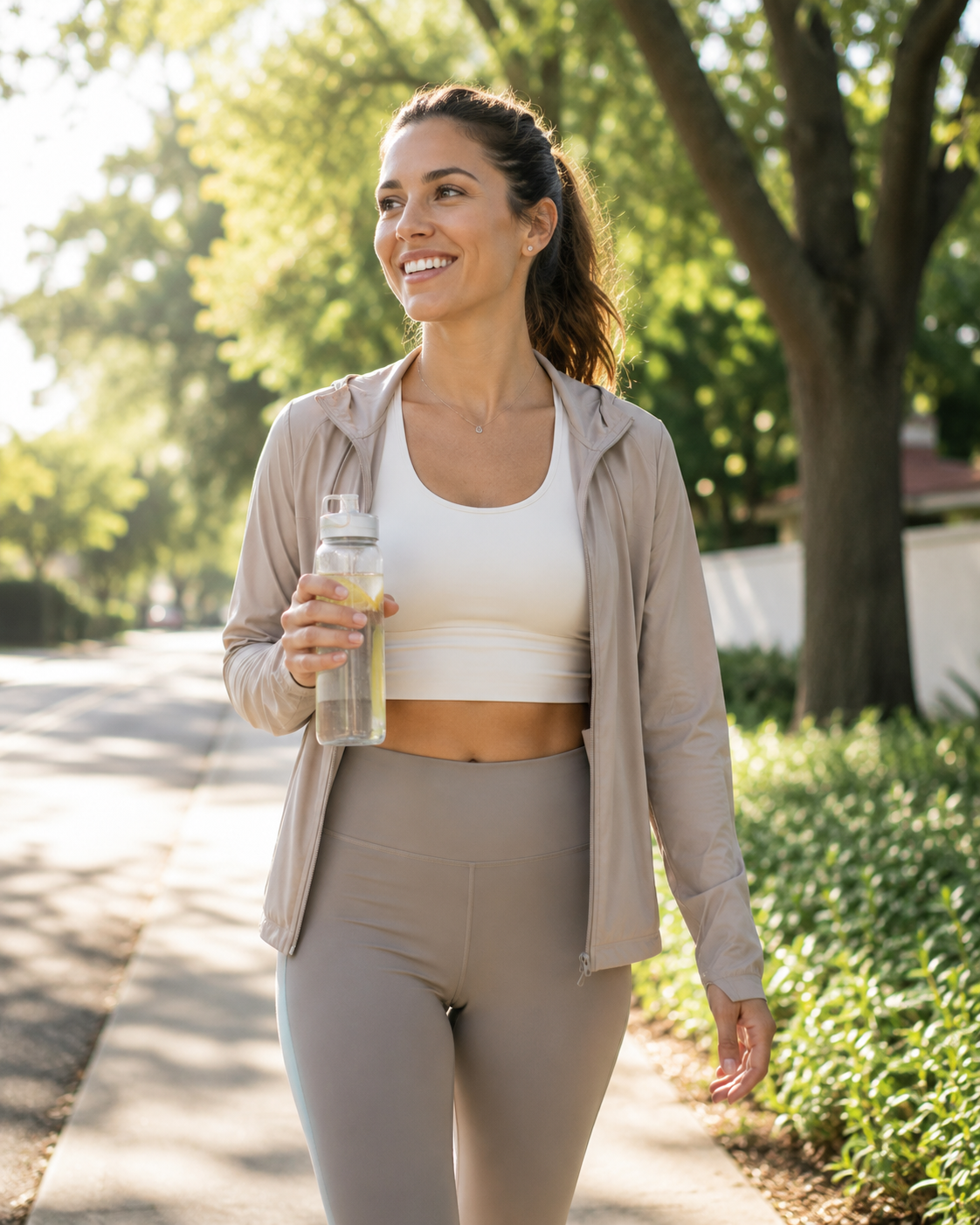 Woman walking outdoors with a water bottle
