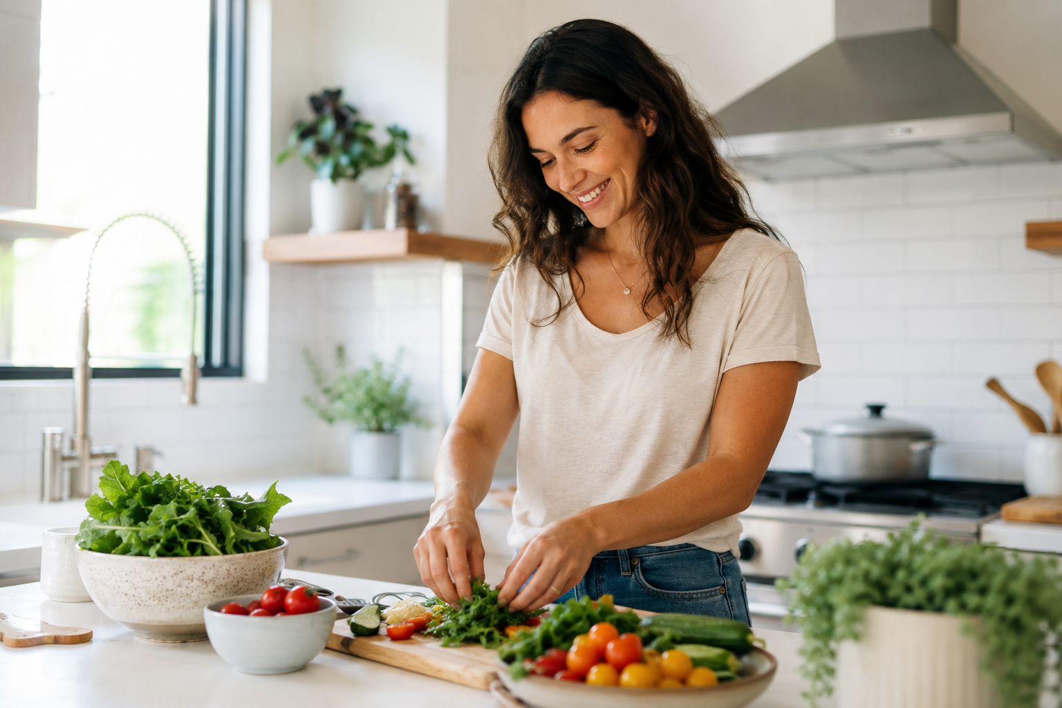 Woman preparing a healthy meal in a bright kitchen