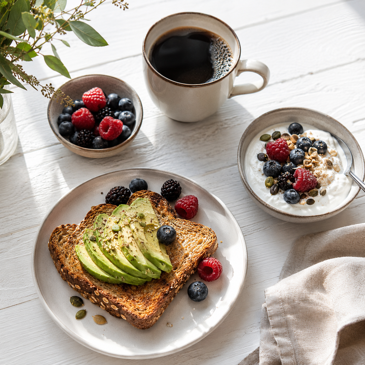 Healthy breakfast spread with avocado toast, yogurt, berries, and coffee